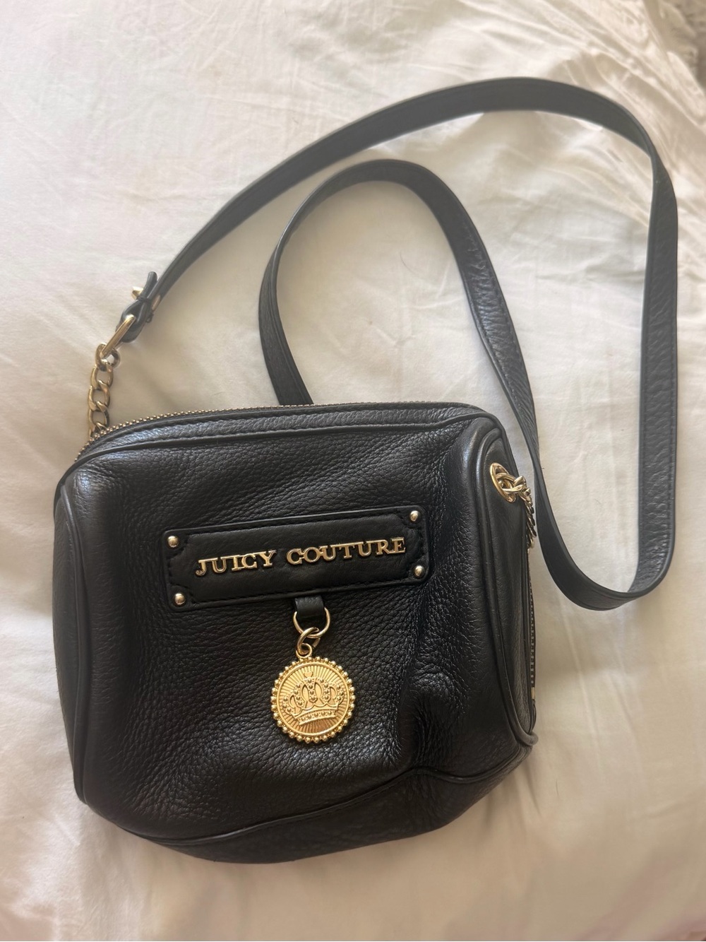 Juicy Couture Black Leather Crossbody with Gold Medallion